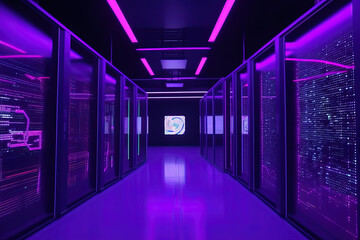 Fototapeta premium Data server center background, digital hosting, purple neon lights