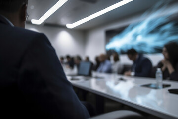 Blurred image of a person presenting a slide deck in a conference room, business, blurred Generative AI