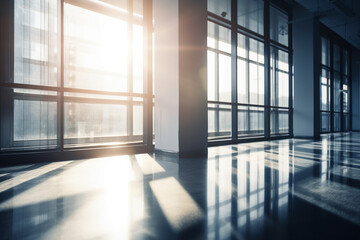 Fototapeta premium Blurred view of office windows with sunlight streaming in, business, blurred Generative AI