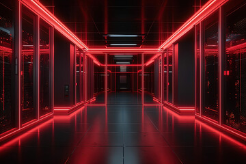 Data server center background, digital hosting, red lights
