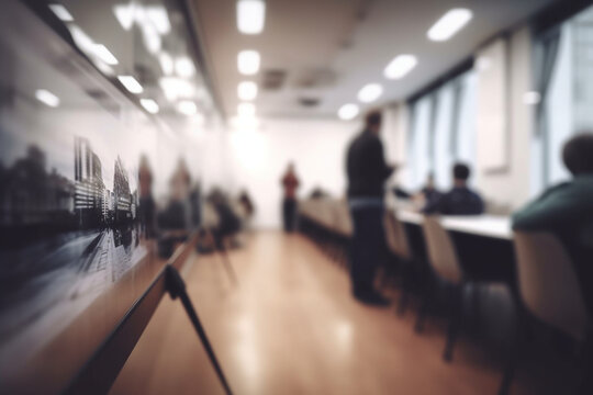 Blurred image of a person presenting a slide deck in a conference room, business, blurred Generative AI
