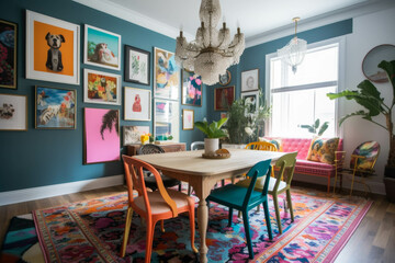 A vibrant and eclectic dining room with colorful mismatched chairs, a statement chandelier, and a gallery wall filled with unique artwork. Generative AI