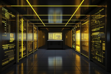 Data server center background, digital hosting, yellow neon lights