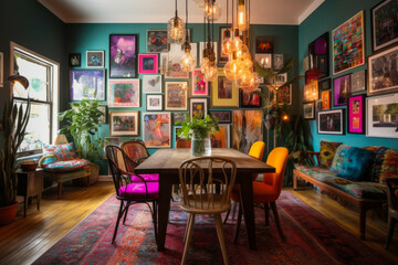 Fototapeta na wymiar A vibrant and eclectic dining room with colorful mismatched chairs, a statement chandelier, and a gallery wall filled with unique artwork. Generative AI