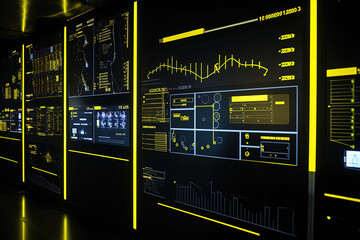 Data server center background, digital hosting, yellow light