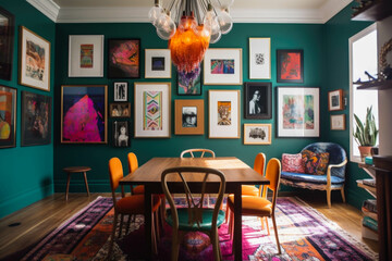 A vibrant and eclectic dining room with colorful mismatched chairs, a statement chandelier, and a gallery wall filled with unique artwork. Generative AI
