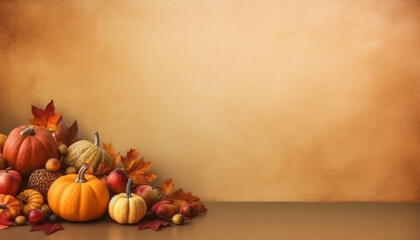 Naklejka na ściany i meble Thanksgiving day or Halloween Festive autumn decor from pumpkins, berries, and leaves on a white wooden background. Flat lay Seasonal composition with copy space. pumpkin top view, holiday