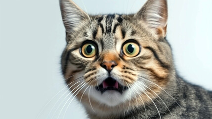 Young crazy surprised cat make big eyes closeup. surprised kitten funny face big eyes