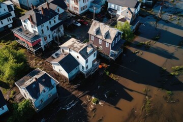 Obraz premium Aerial drone view of flooded homes during flood event - AI Generated