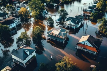 Obraz premium Aerial drone view of flooded homes during flood event - AI Generated