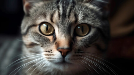 Close up view of tabby cute kitten with blue eyes. Pets and lifestyle concept. AI Generative