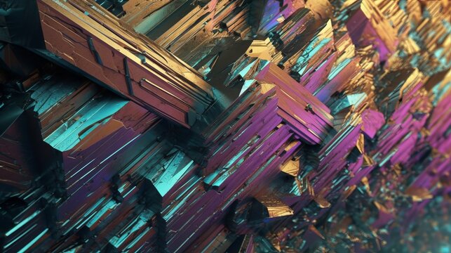 3D render art of iridescent bismuth rock wall