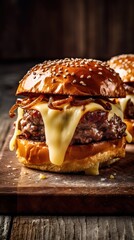 Juicy hamburger made from ground beef with fresh ingredients. Generative AI