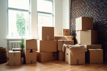 Arrangement of cardboard boxes in a living room, simplifying the process of moving home with efficiency and ease, beautiful art of generative ai