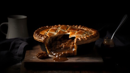 hearty steak & kidney pie classic British comfort food with tender chunks of meat, savory gravy, & golden pastry crust. generative ai