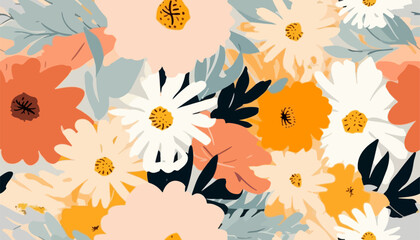 Hand drawn simple abstract flowers print. Trendy bright collage pattern. Fashionable template for design