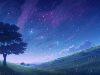星空と草原の美しいアニメ背景
