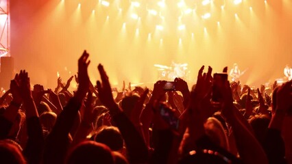 The happy crowd in a concert hall. Silhouettes of raised hands