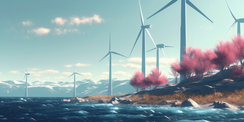 Wind turbines near the ocean. Generative ai
