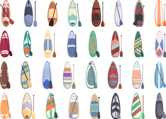 Paddle board icons set cartoon vector. Sup water. People activity