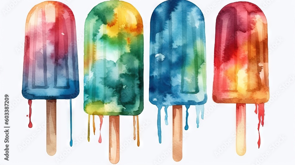 Poster three popsicles with different colors of ice cream on them. generative ai