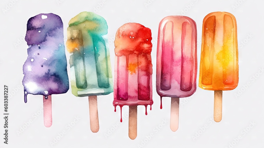 Poster a row of colorful popsicles sitting on top of each other. generative ai