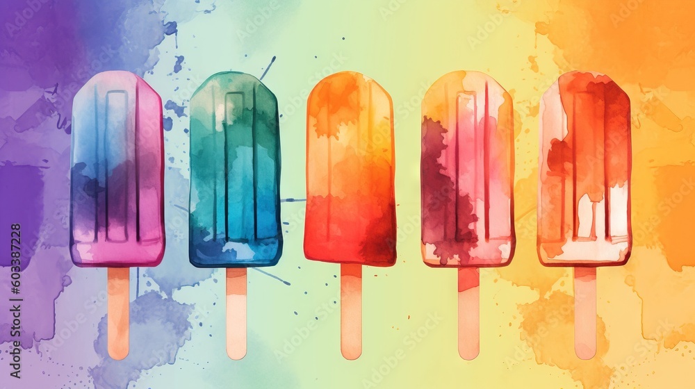 Poster  four popsicles are lined up in a row on a colorful background.  generative ai