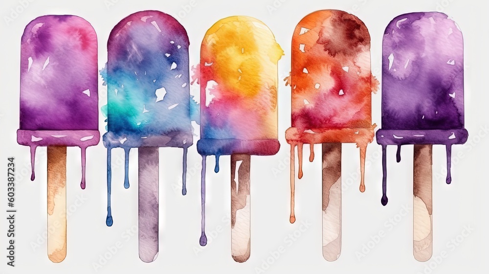 Poster a row of popsicles with different colors of ice cream. generative ai