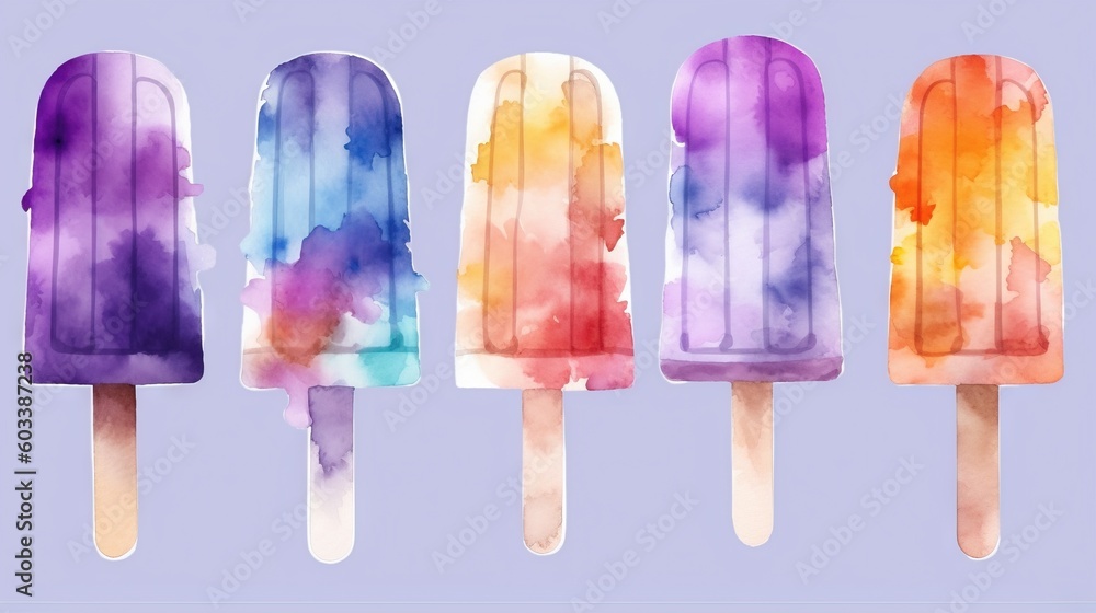 Poster four popsicles with different colors of ice cream on them. generative ai