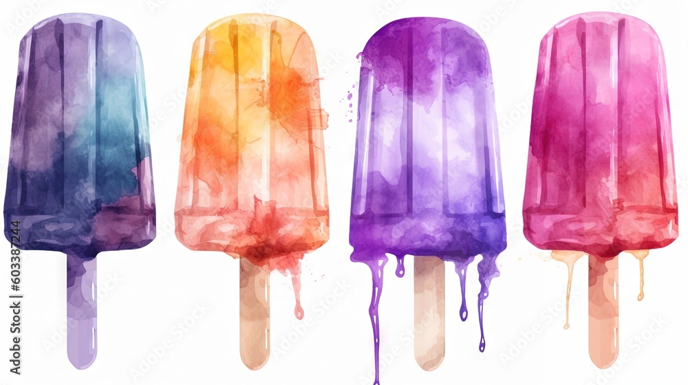 Poster three popsicles with different colors of ice cream on them. generative ai