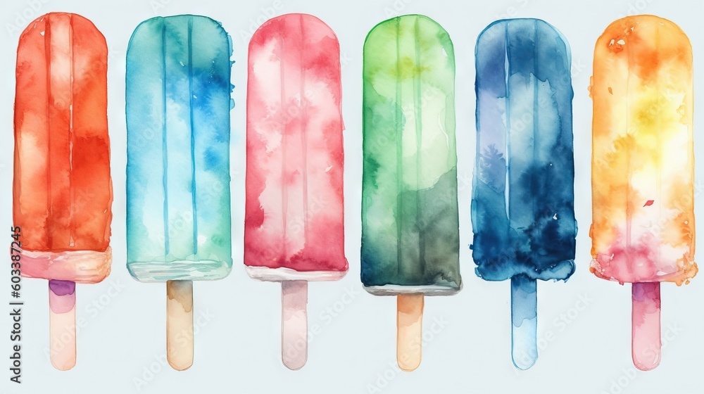 Poster a row of popsicles with different colors of ice cream. generative ai