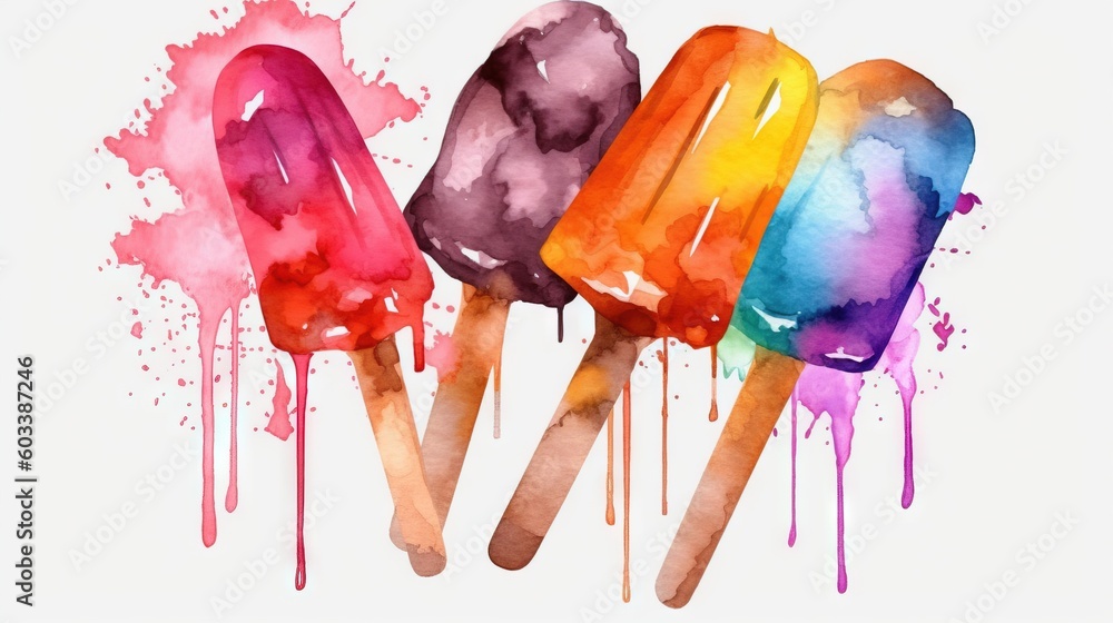 Poster three popsicles with different colors of ice cream on them. generative ai