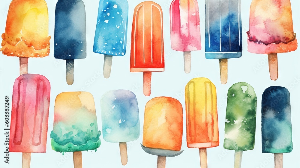 Poster a group of popsicles with different colors of ice cream. generative ai