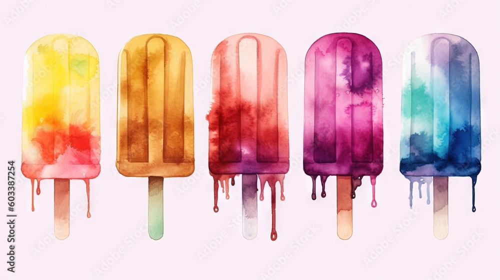 Poster a row of popsicles with different colors of ice cream. generative ai