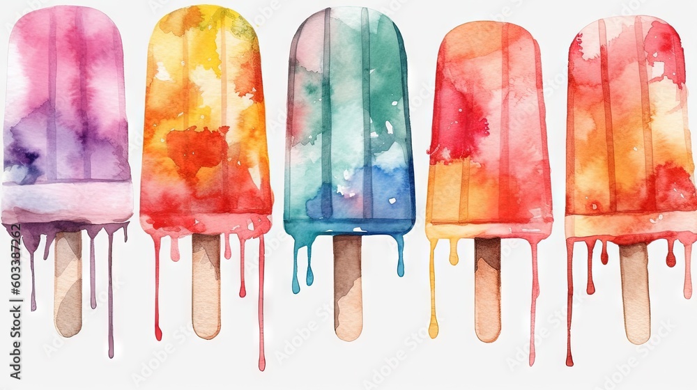 Poster four popsicles with different colors of ice cream on them. generative ai