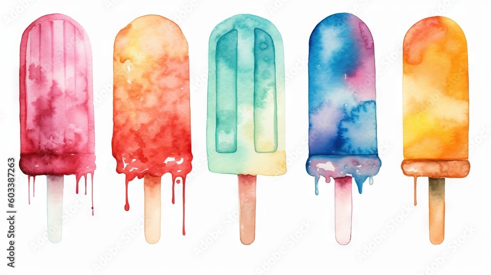 Poster four popsicles with different colors of ice cream on them. generative ai