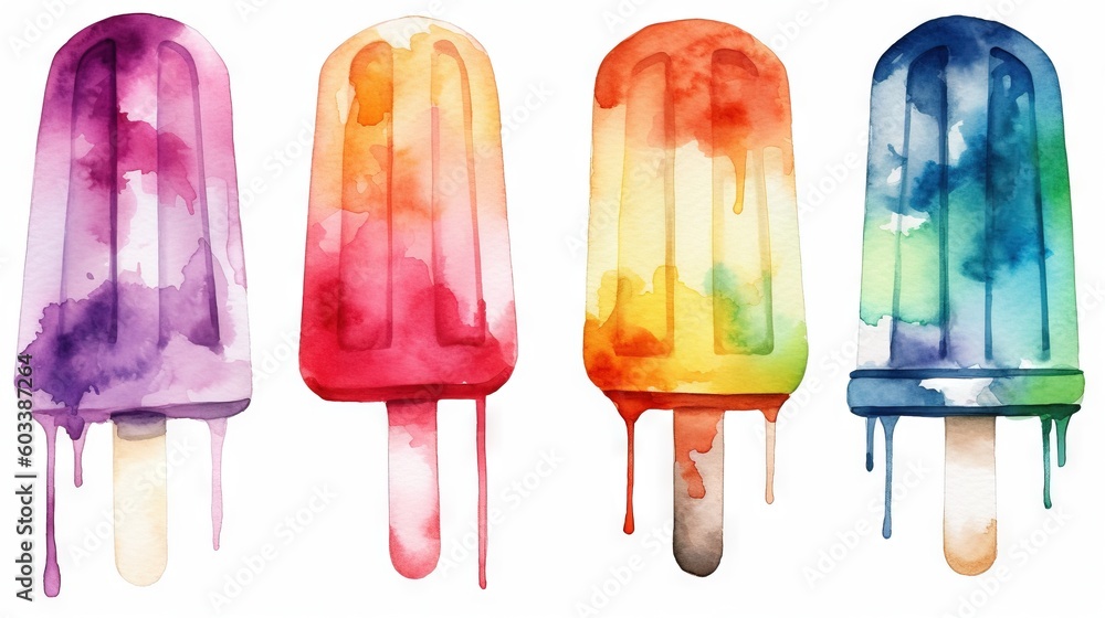 Poster three popsicles with different colors of ice cream on them. generative ai