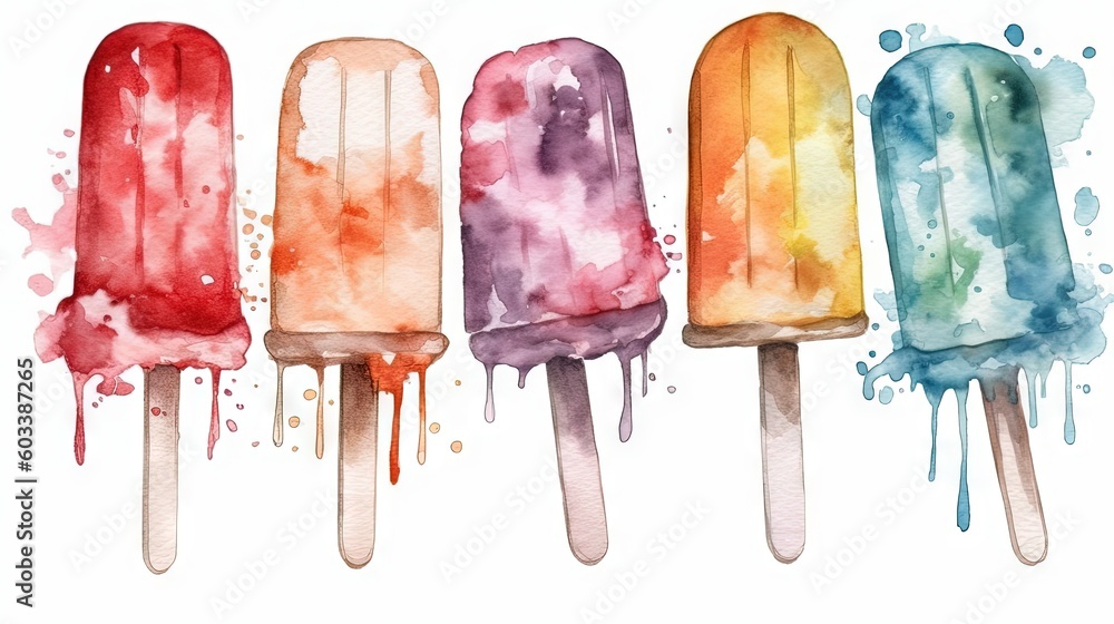 Poster four popsicles with different colors of ice cream on them. generative ai