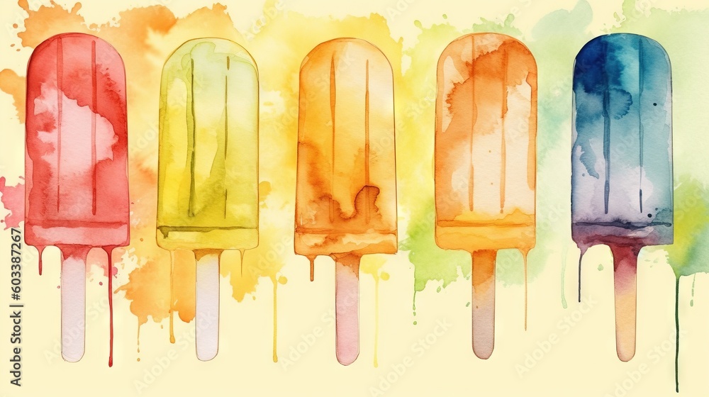 Poster a row of ice creams with different colors on them. generative ai