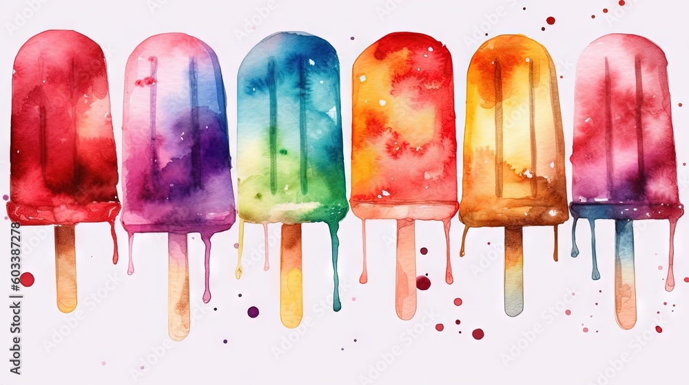 Poster a row of ice creams with different colors of them. generative ai