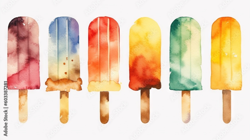 Poster a row of popsicles with different colors of ice cream. generative ai