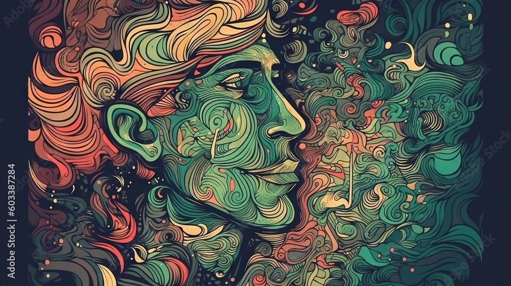 Poster a drawing of a man's face with colorful swirls. generative ai