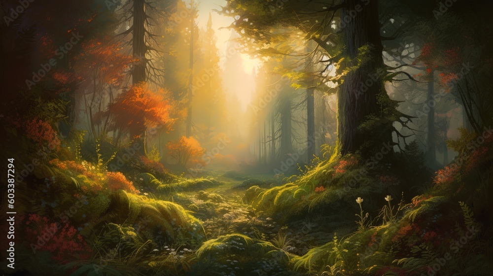 Poster a painting of a path through a forest in the sunlight. generative ai