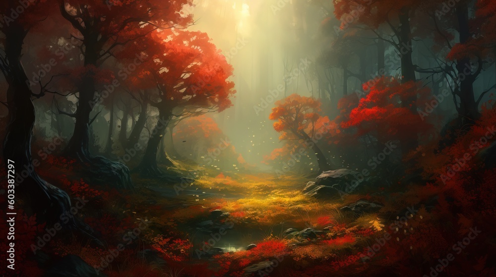 Poster a painting of a forest with a stream running through it. generative ai