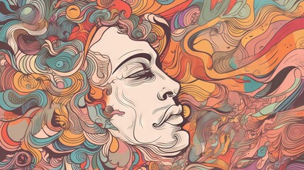  a drawing of a woman's face with a multicolored background.  generative ai