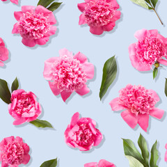 Fototapeta na wymiar Seamless pattern of pink peony flowers photo on light blue color background
