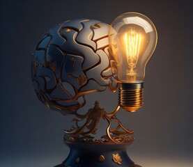 light bulb and model of metal planet ,brain shapes  hollow ball ,new idea concept,    created with Generative AI technology