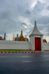 Landscape of the Grand Palace and the Temple of the Emerald Buddha at the Gate of Sawasdisopha in the Thai nameplate in Bangkok On overcast days.