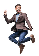 Handsome smiling young man celebrating isolated in transparent PNG, Full length studio portrait of jumping laughing joyful cheerful men over white background - 603387496