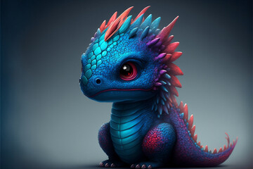 Obraz premium Wonderful dragon of fantasy, blue and purple colours, lord of imagination, meaningful eyes, unique visuality, main character, horizontal, AI generative